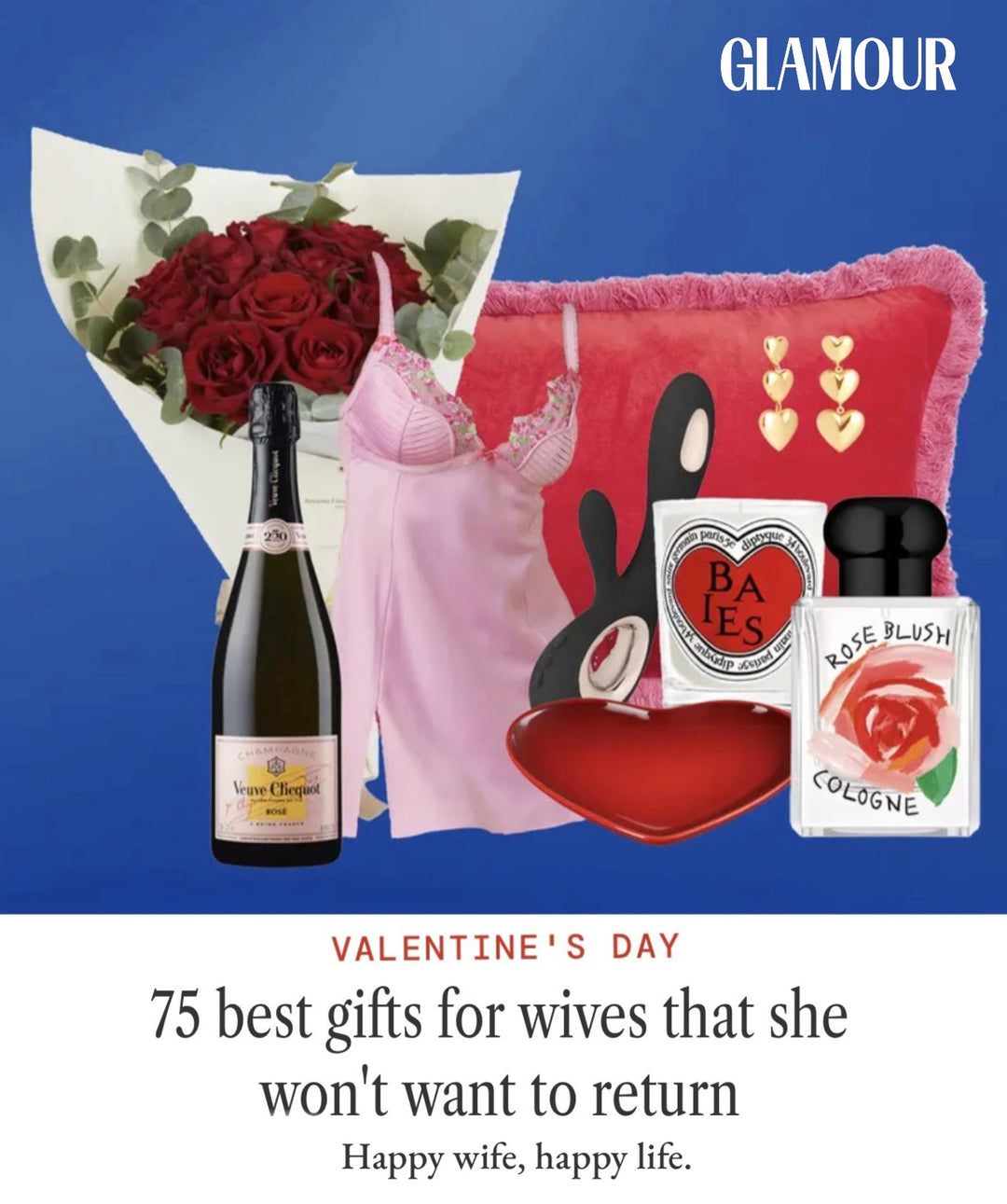 Multiple product including red velvet cushion from Glamour magazine