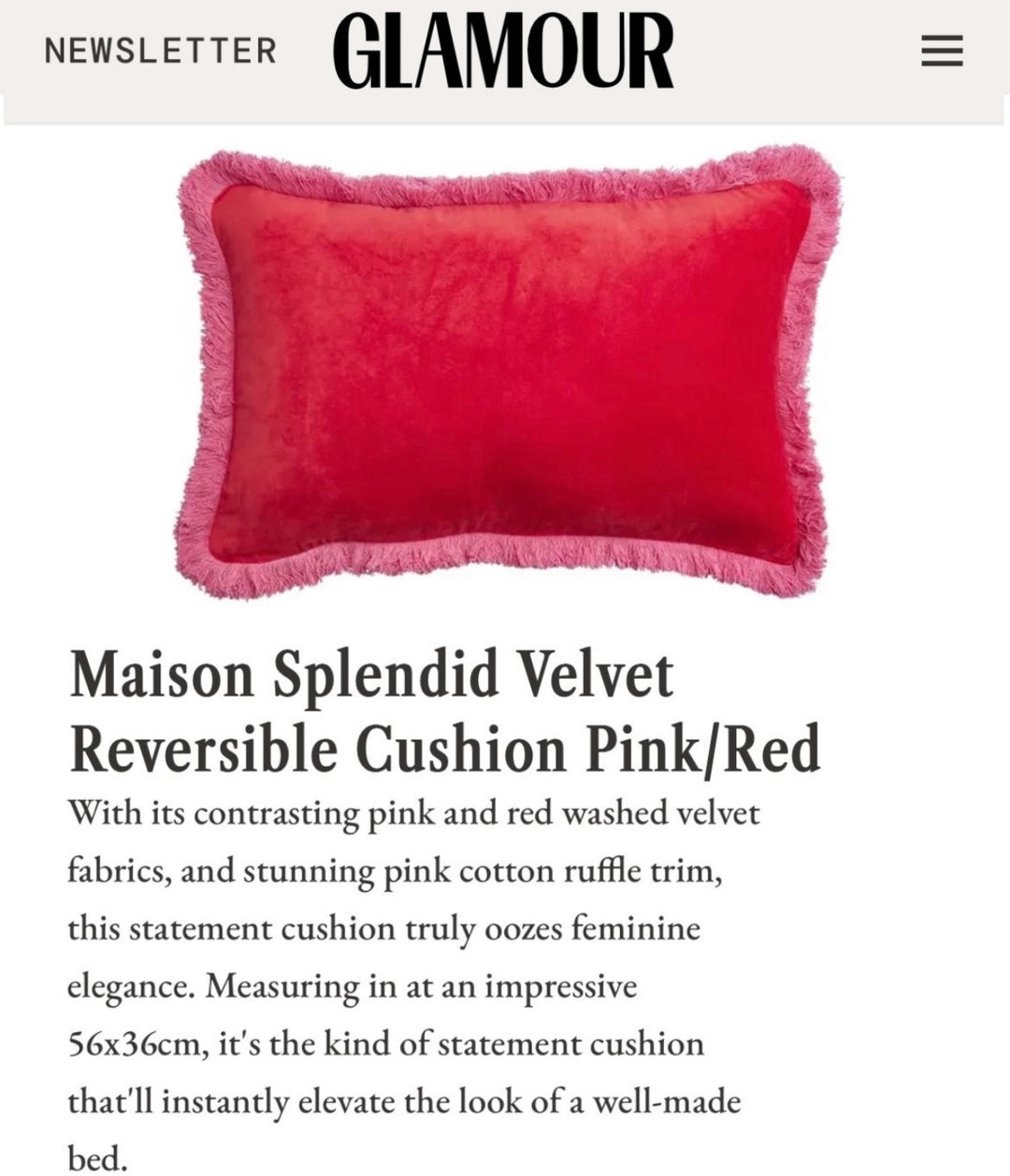 Photo of red velvet cushion with text from Glamour magazine