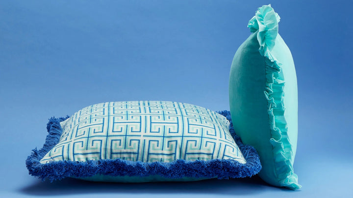 Maison Splendid velvet aqua frill cushion and printed large square cushion