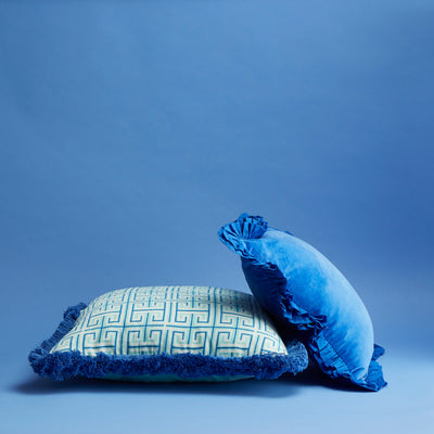 Maison Splendid printed velvet square cushion shown with blue frill velvet cushion