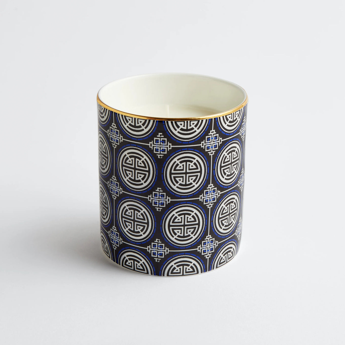 Maison Splendid fine bone china candle in navy geometric pot scent number four