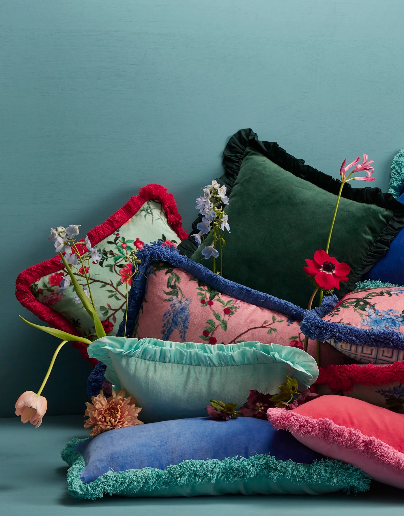 Maison Splendid collection of velvet print and plain cushions in bright colours