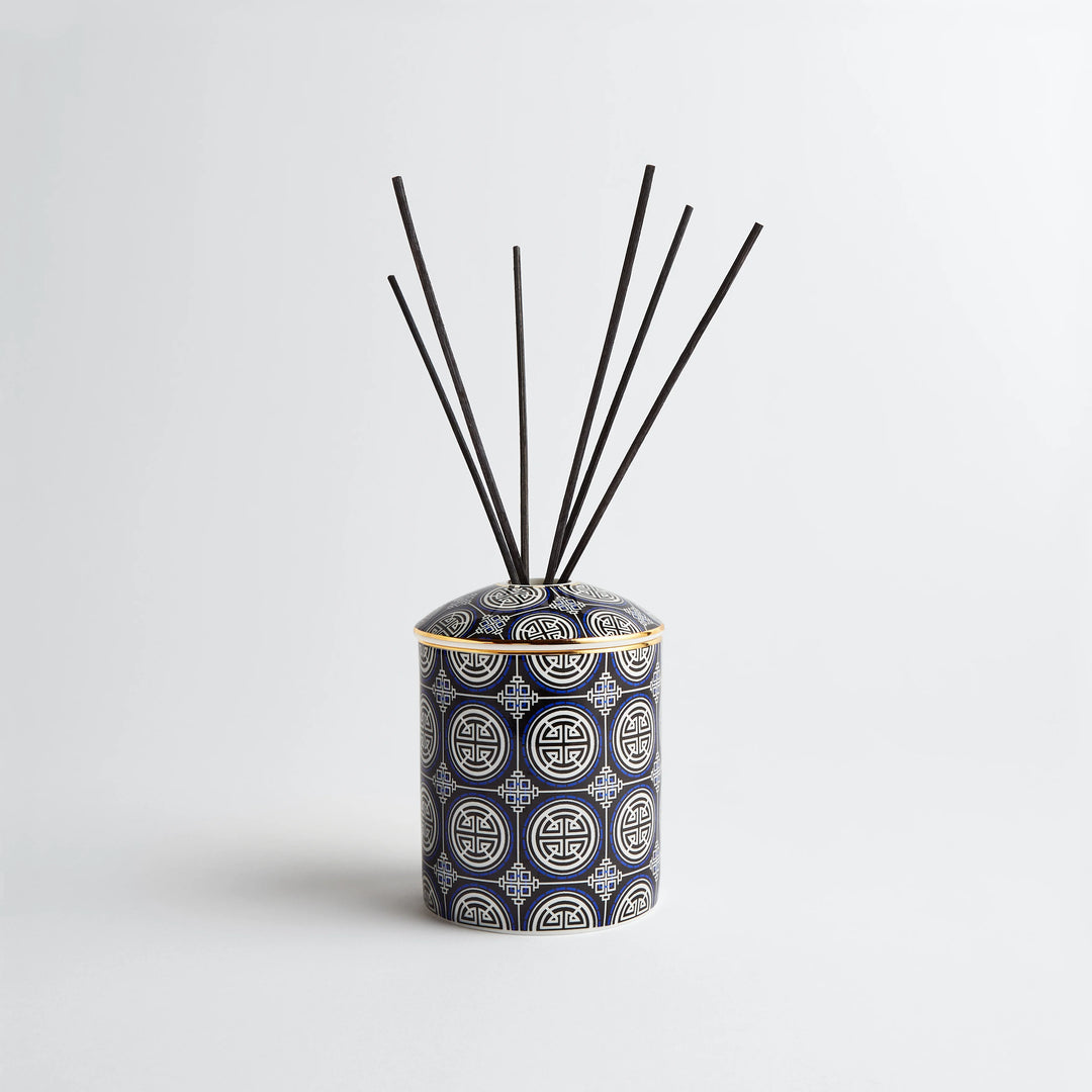 Maison Splendid fine bone china diffuser in navy geometric print with number four musky fragrance