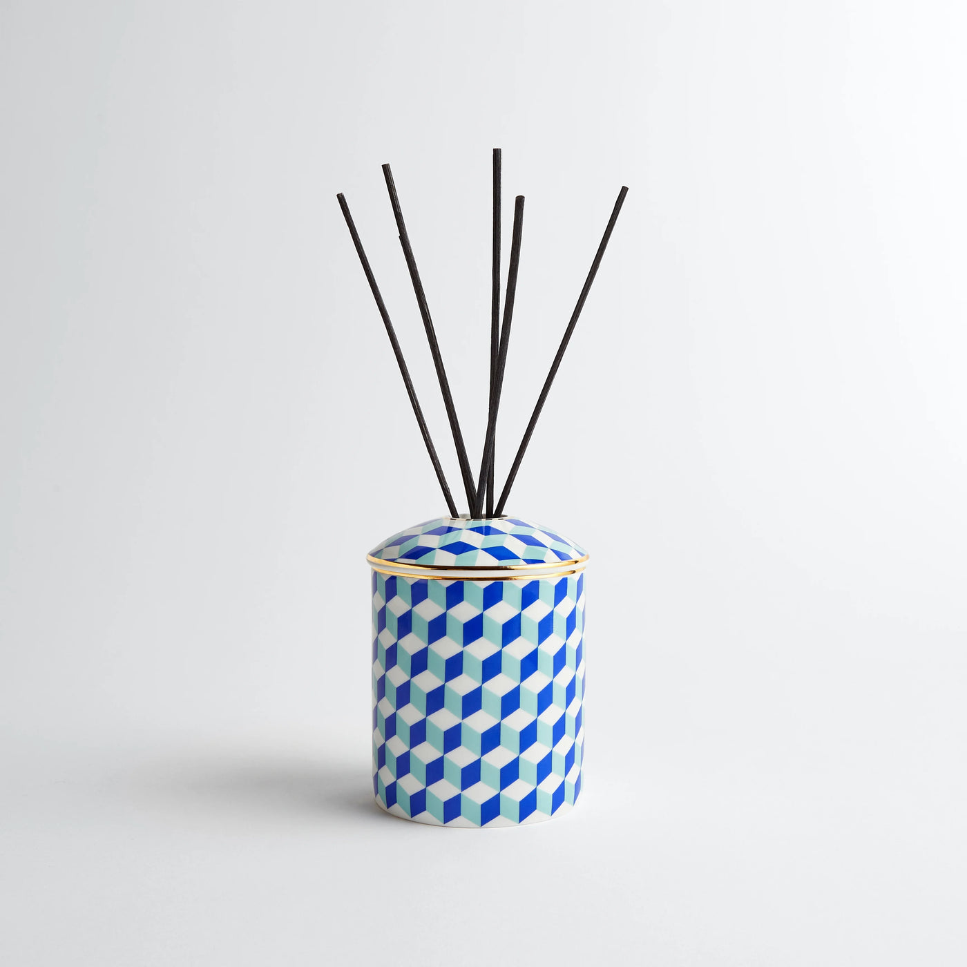 Maison Splendid fine bone china diffuser in bright blue geometric print with number seven fragrance musky scent