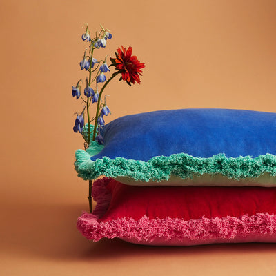 Maison Splendid velvet oblong cushions in two colours aqua and red
