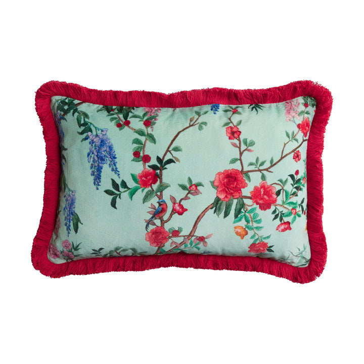 Maison Splendid printed aqua chinoiserie velvet cushion reversible