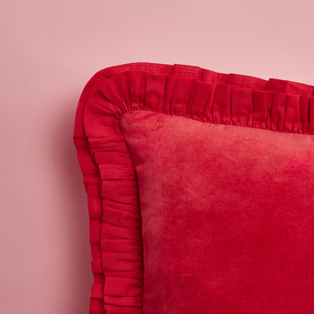 Maison Splendid red velvet frill cushion close up