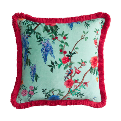 Maison Splendid large square printed aqua cushion with red trim and contrast back