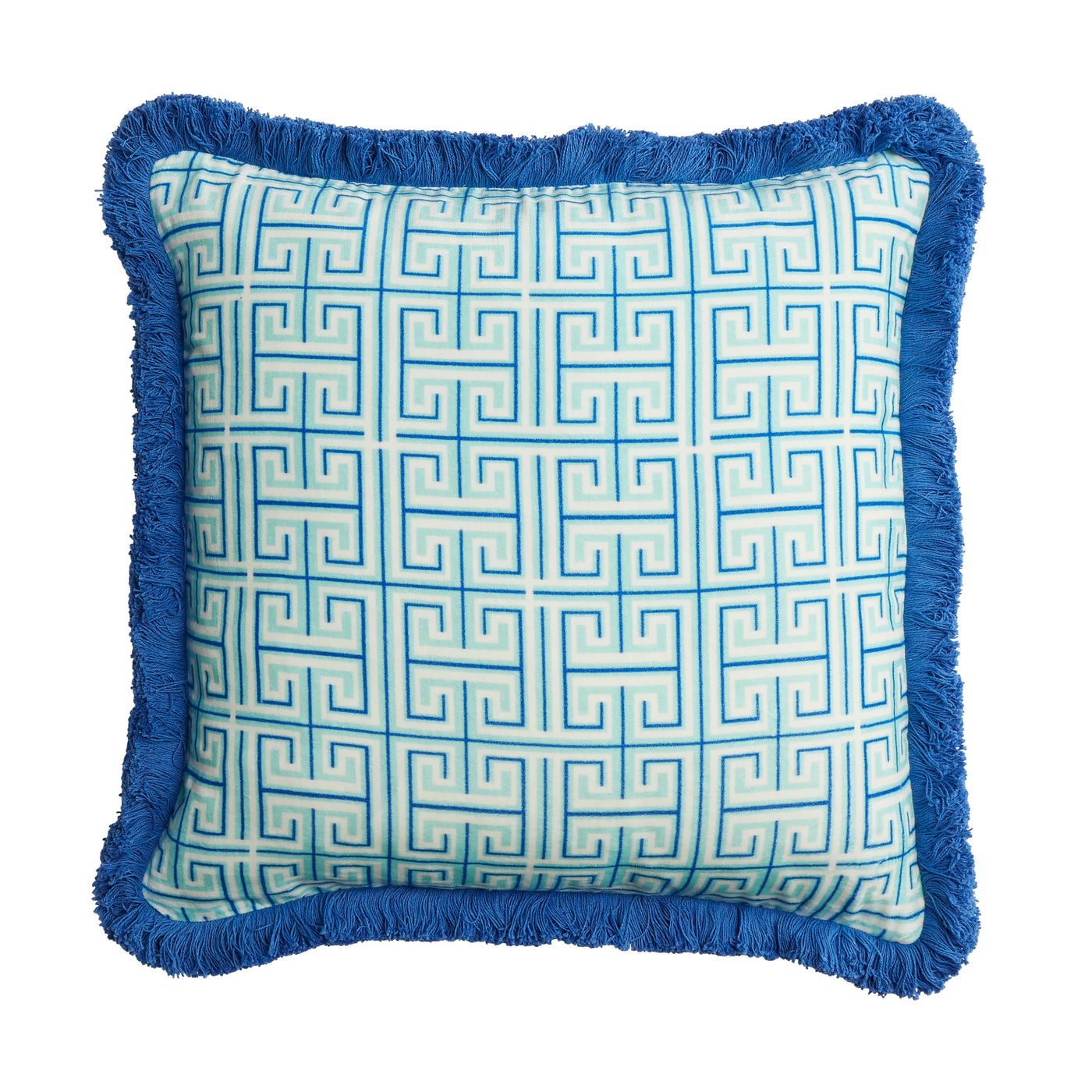 Maison Splendid printed velvet cushion showing aqua isla print front