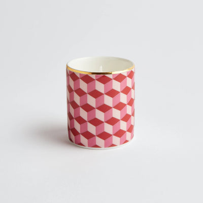 Maison Splendid fine bone china travel candle in red and pink geometric design scent number eight