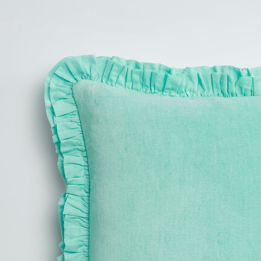 Maison Splendid close up of aqua frill cushion